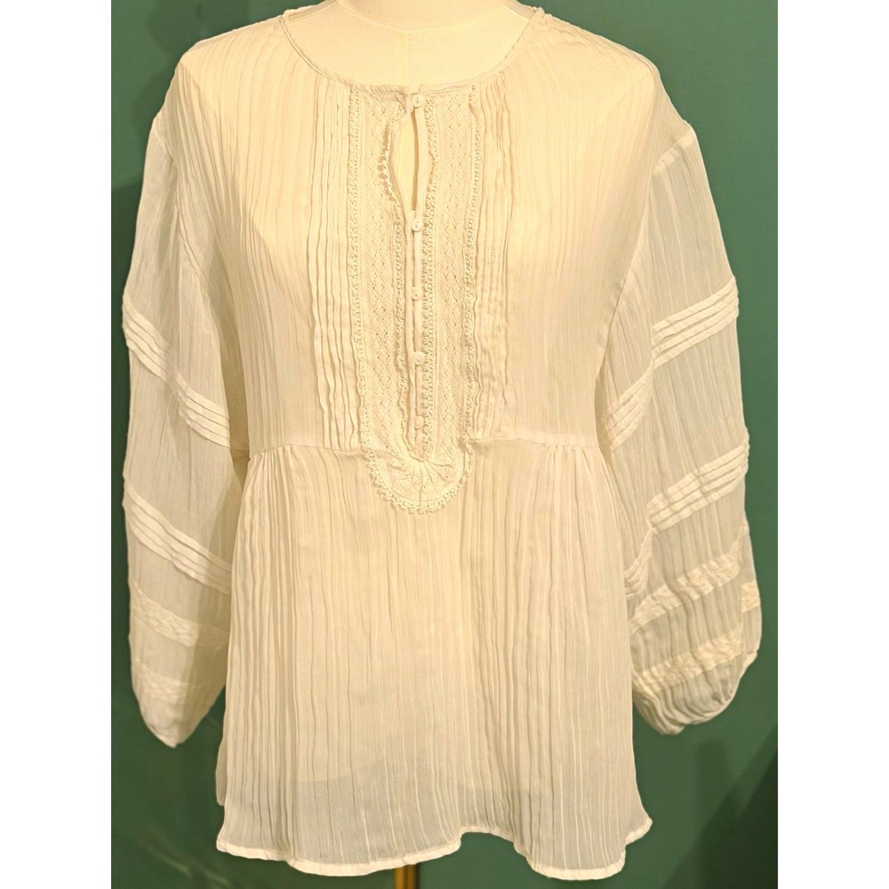 Rafaella Womens Medium White Tunic Blouse Round Neck Balloon Sleeve Lace Button